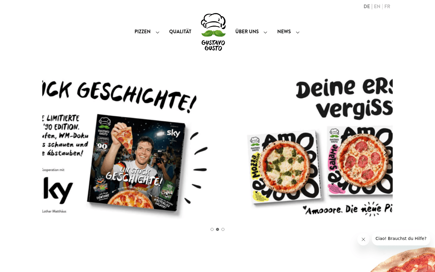 Startseite der Premium-Tiefkuehlpizza-Marke Gustavo Gusto