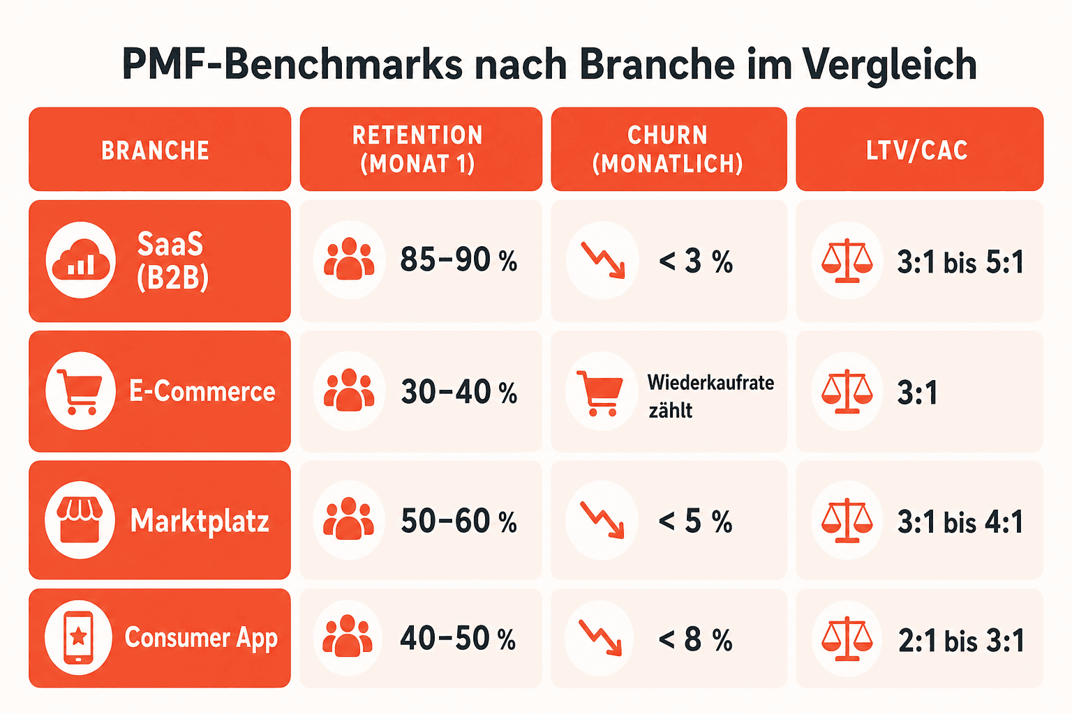 Infografik: PMF-Benchmarks nach Branche im Vergleich Branche: SaaS (B2B) | Retention (Monat 1): 85-90 % | Churn (monatlich): < 3 % |...