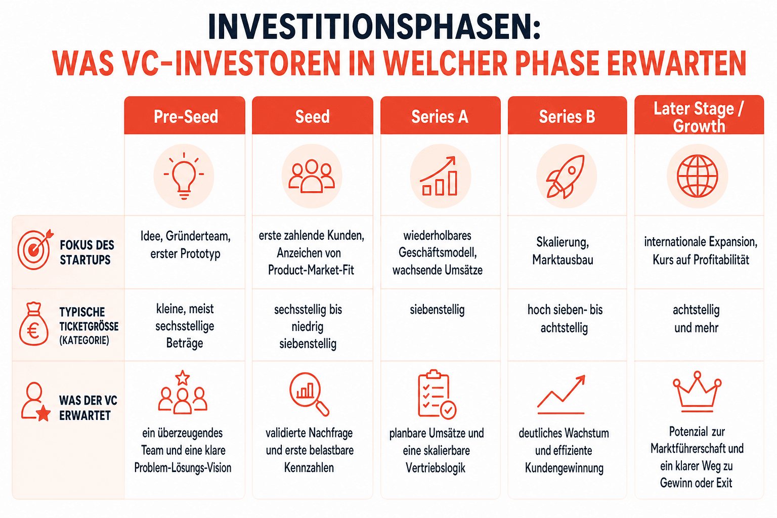 Infografik: Investitionsphasen: Was VC-Investoren in welcher Phase erwarten Phase: Pre-Seed | Fokus des Startups: Idee, Gründerteam,...