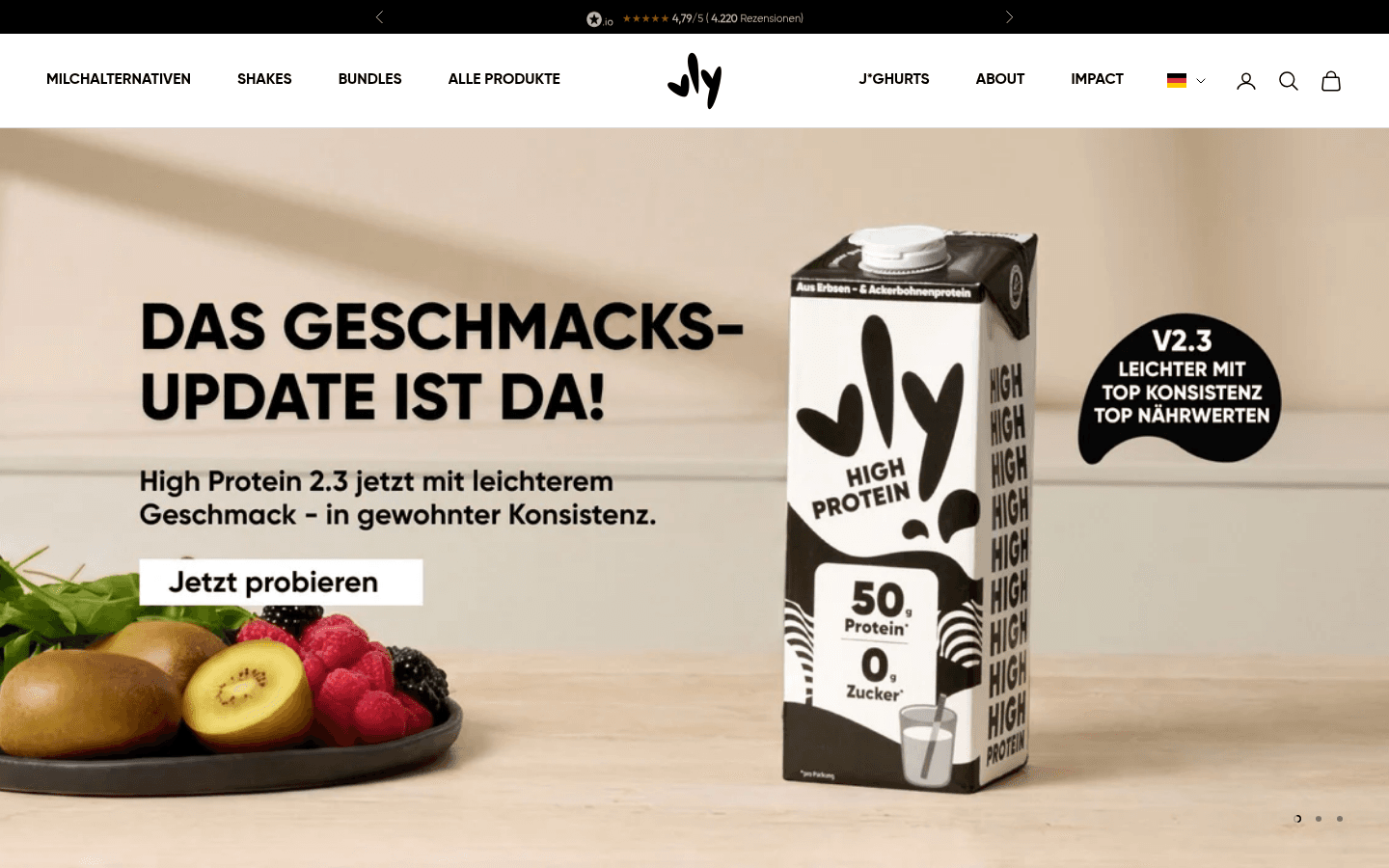 Startseite der offiziellen vly-Website mit Markenauftritt der Erbsenprotein-Milchalternative
