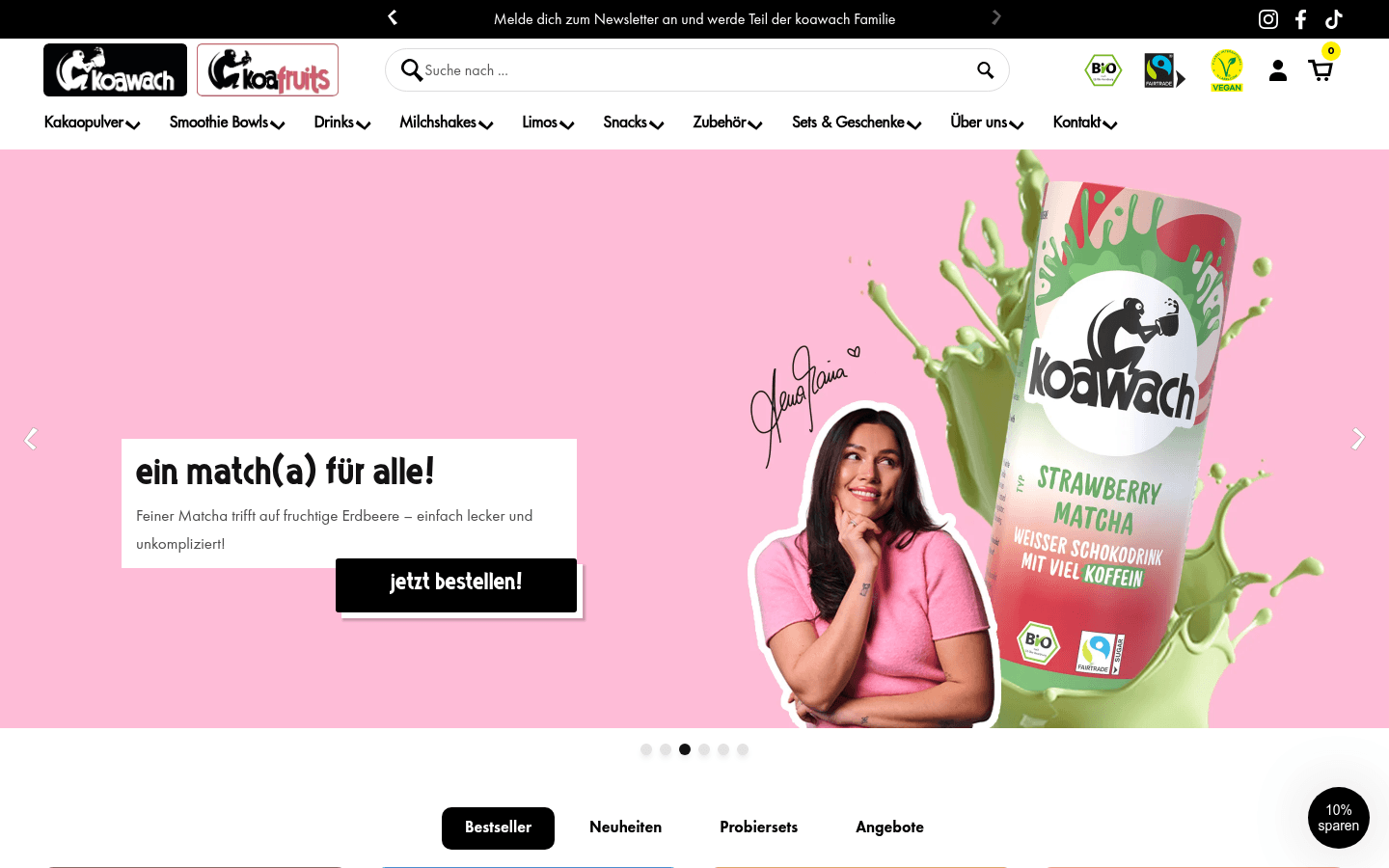 Startseite von koawach.de mit Produktpalette und Markenlogo des Koffein-Kakao-Herstellers
