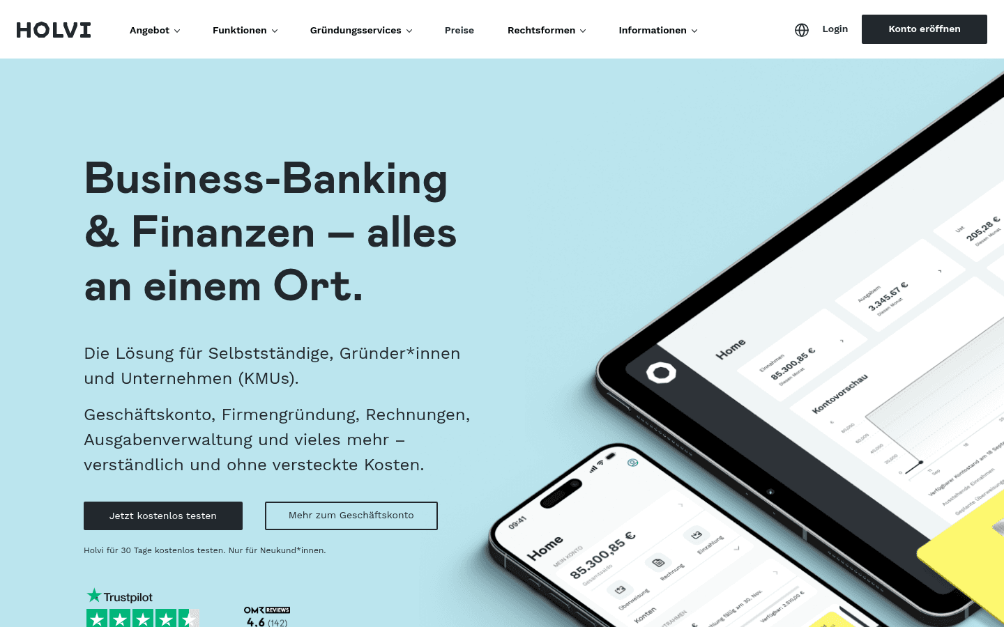 Startseite von Holvi mit Markenversprechen fuer Selbststaendige und kleine Unternehmen