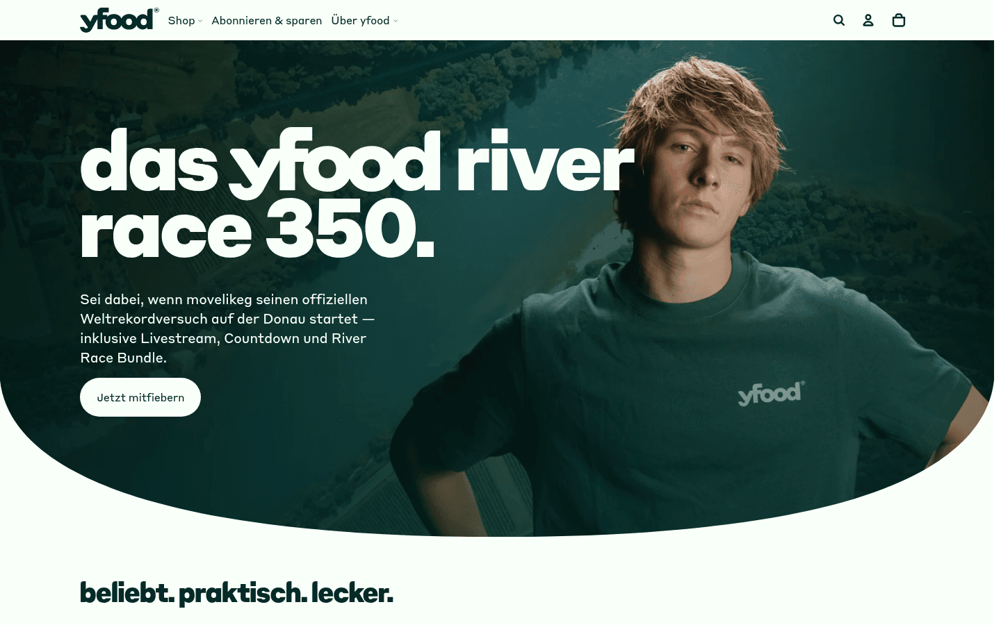 Offizielle Startseite von yfood.com mit Markenauftritt der Smart-Food-Trinkmahlzeiten