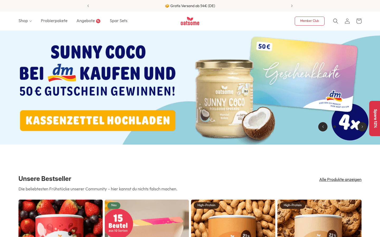 Startseite von Oatsome mit Smoothie-Bowl-Produkten und Markenauftritt
