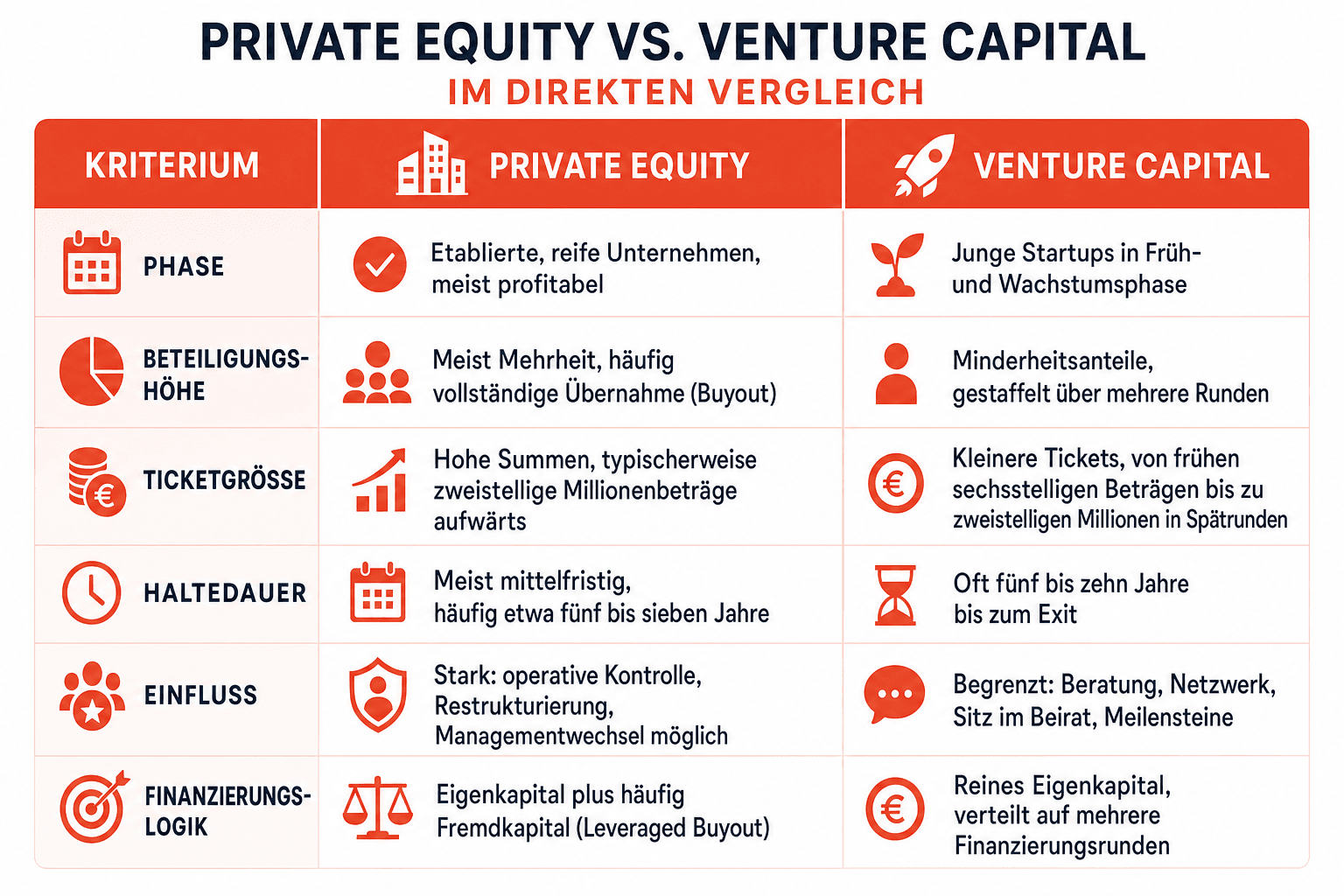 Infografik: Private Equity vs. Venture Capital im direkten Vergleich — die Kriterien Phase, Beteiligungshöhe, Ticketgröße, Haltedauer und Einfluss gegenübergestellt