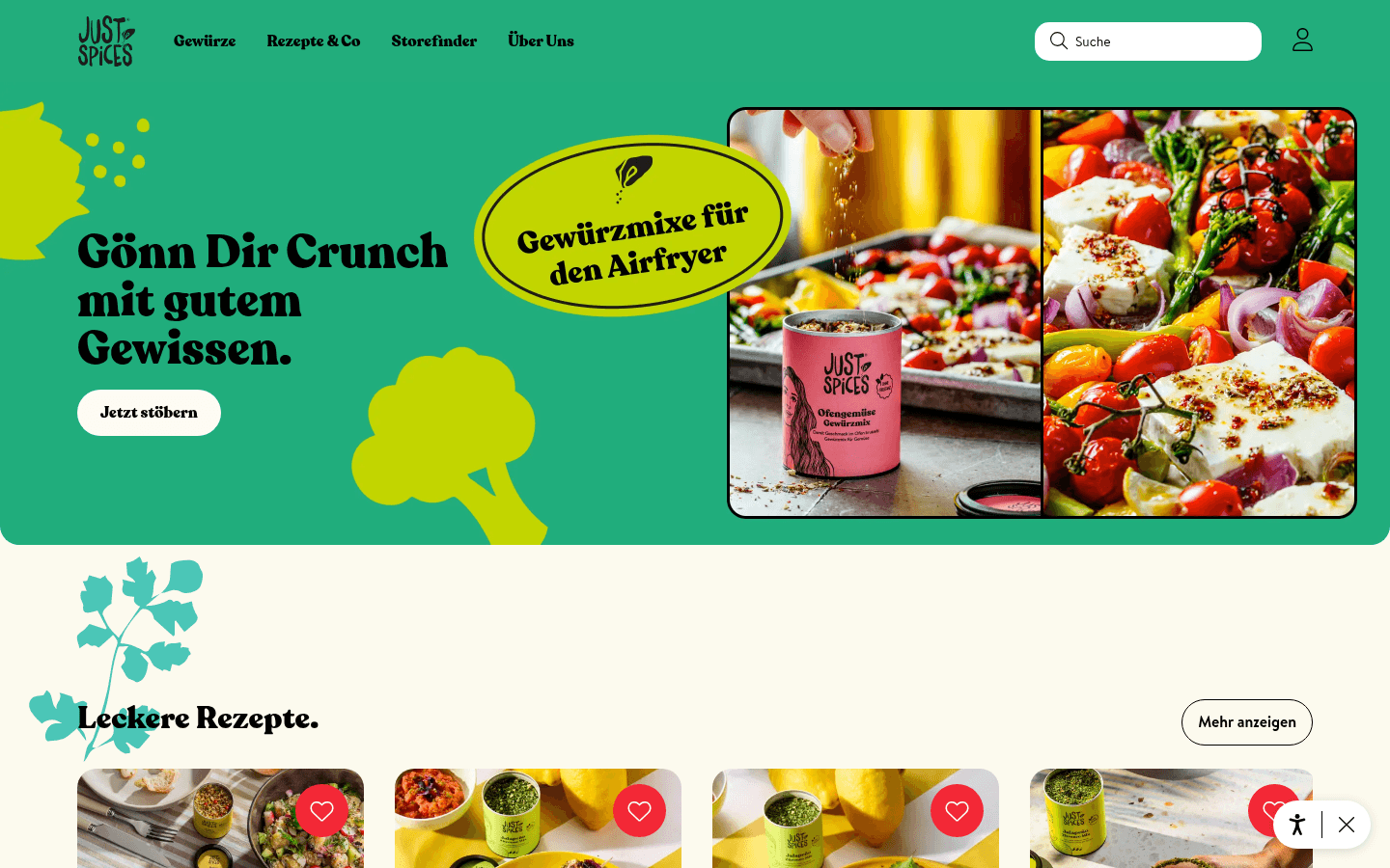 Startseite von Just Spices mit aktuellem Markenauftritt und Gewürzprodukten