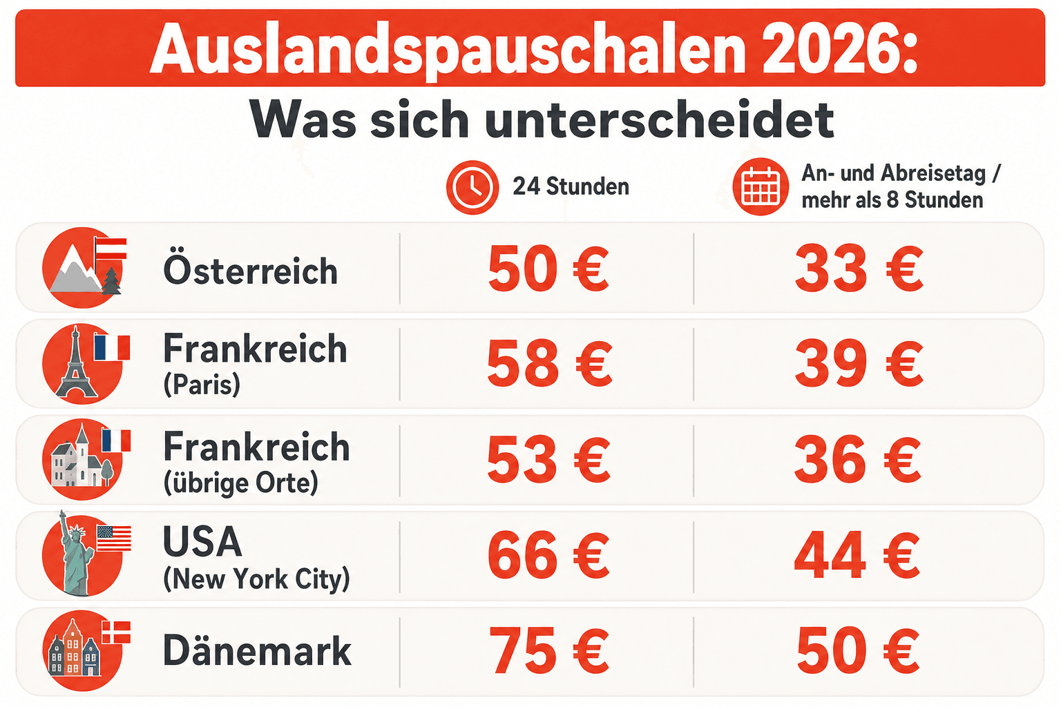 Infografik: Verpflegungspauschalen 2026 im Überblick – 14 Euro bei mehr als acht Stunden Abwesenheit, 28 Euro am vollen Kalendertag, Kürzung um 5,60 Euro pro gestelltem Frühstück und 11,20 Euro pro gestelltem Mittag- oder Abendessen sowie länderspezifische Auslandspauschalen