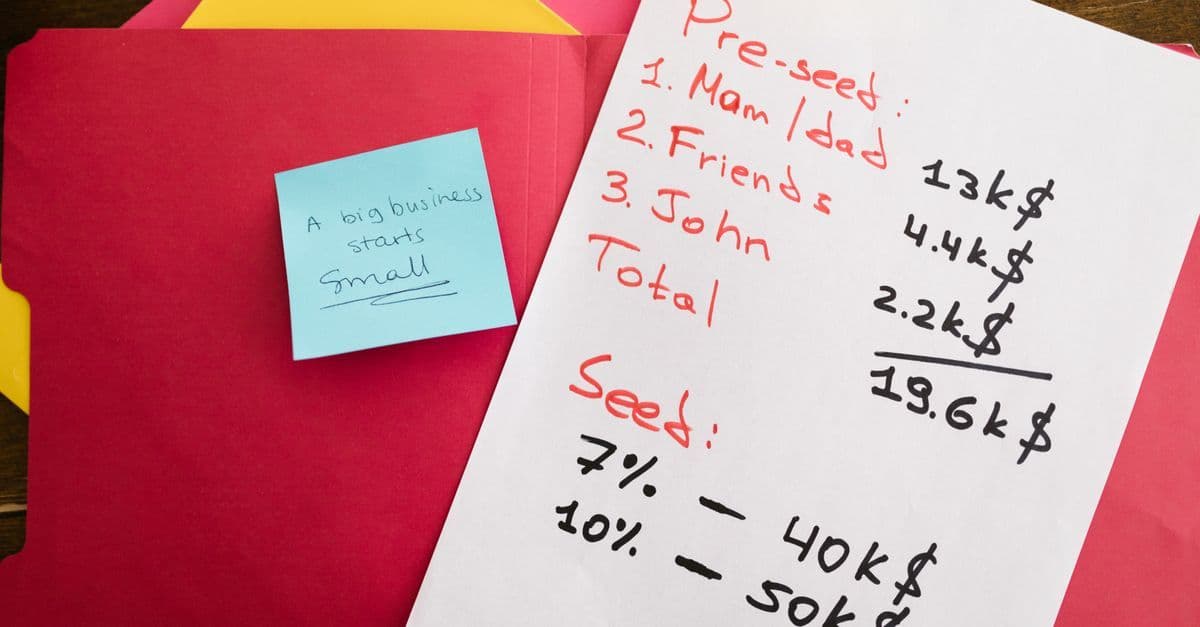 Handschriftliche Notizen zu Vorgründungs- und Seed-Finanzierung auf einem Schreibtisch, daneben motivierendes Post-it
