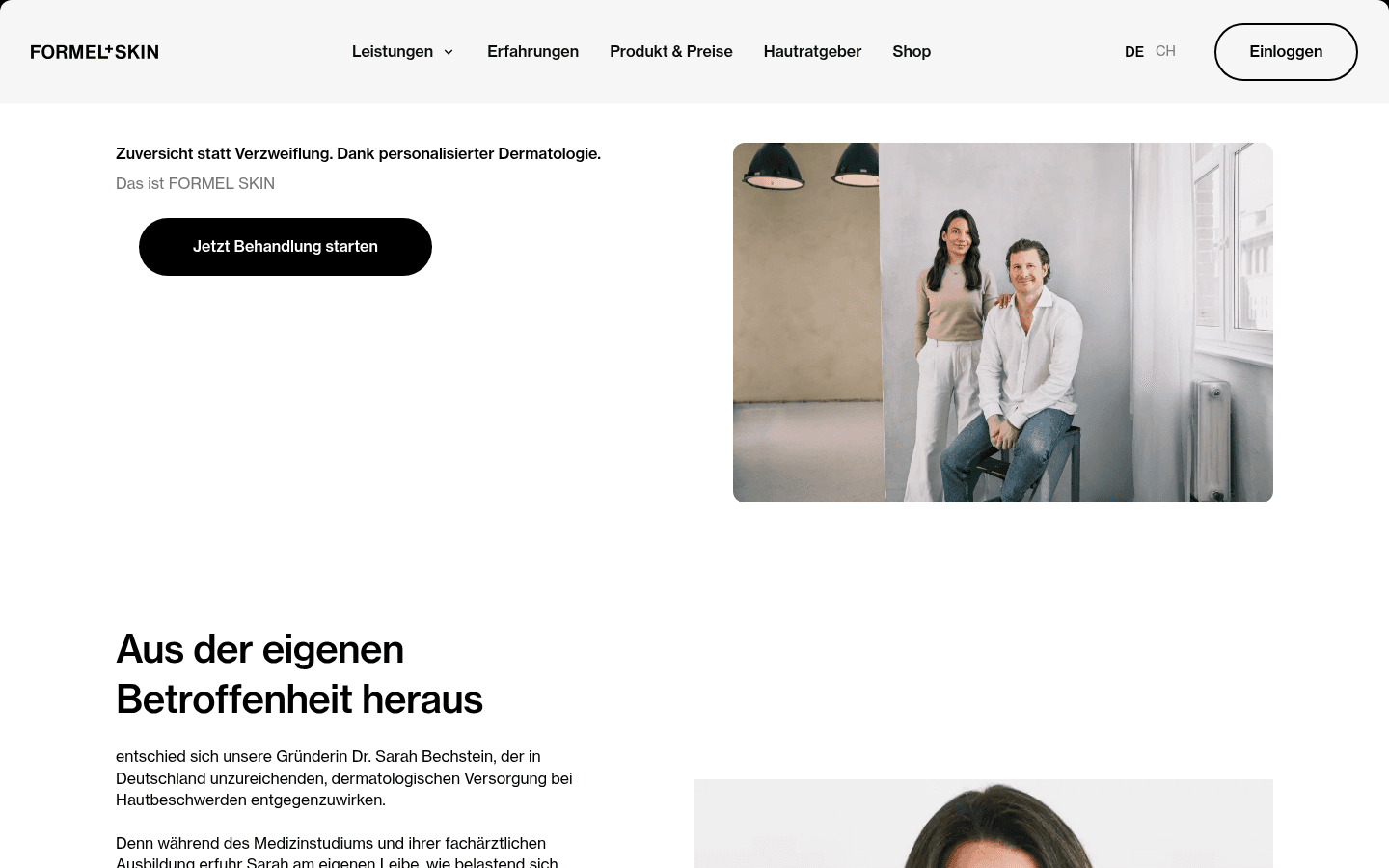 Offizielle Ueber-uns-Seite von FORMEL SKIN mit Gruenderfoto von Dr. Sarah Bechstein, Florian Semler und Anton Kononov