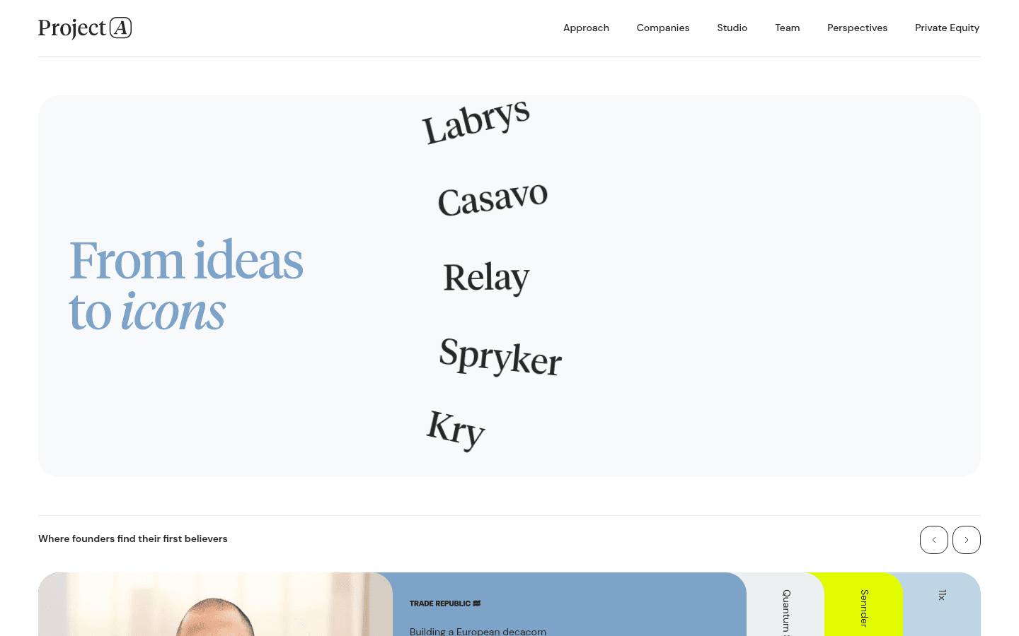 Startseite von Project A Ventures mit dem Slogan 'From ideas to icons' und Portfolio-Logos