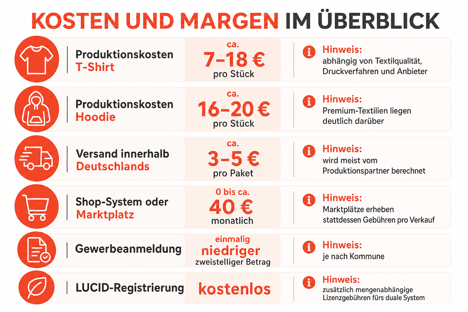 Infografik: Kosten und Margen im Print-on-Demand-Modell im Überblick – Größenordnungen für Produktionskosten, Versand und weitere Kostenpositionen
