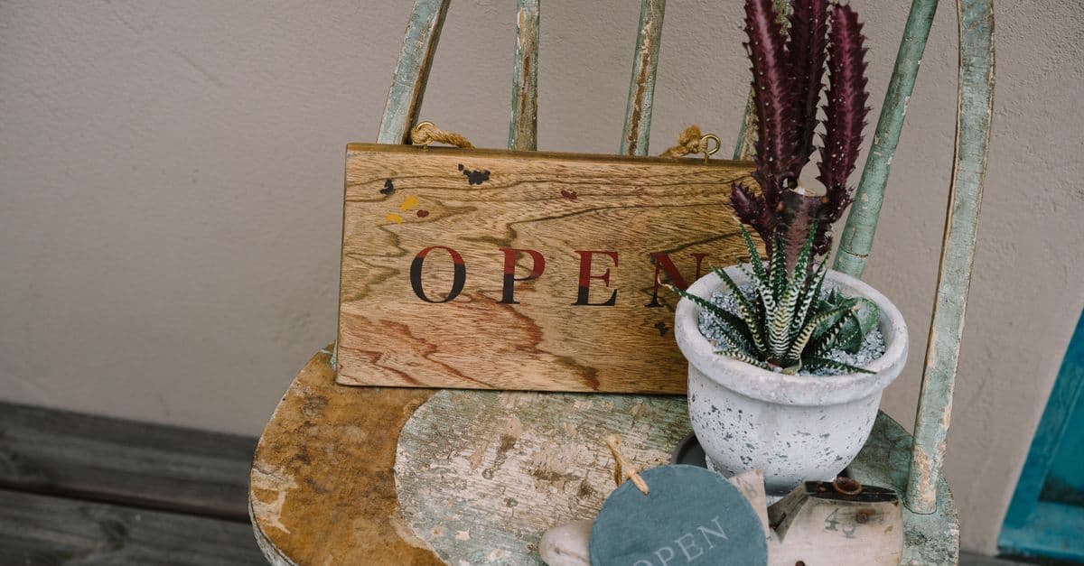 A vintage chair with an open sign, potted cactus, and rustic decor, creating a welcoming atmosphere.