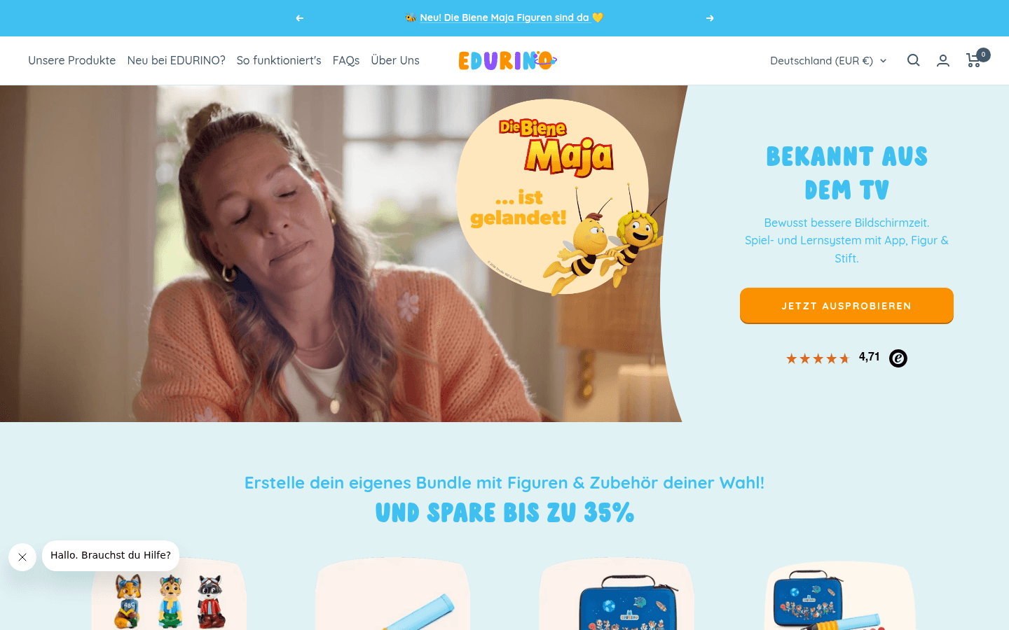 Startseite von edurino.com mit Markenauftritt und Produktvorstellung der Lernapp