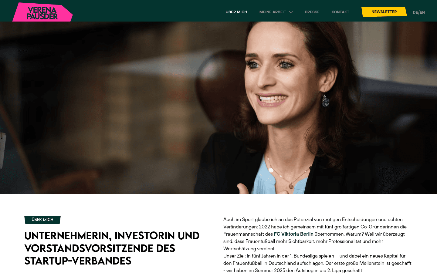Verena Pausder auf ihrer offiziellen Ueber-mich-Seite als Unternehmerin, Investorin und Vorstandsvorsitzende des Startup-Verb