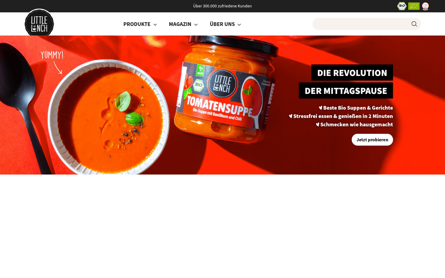 Startseite von Little Lunch mit Markenauftritt und Bio-Suppen-Sortiment