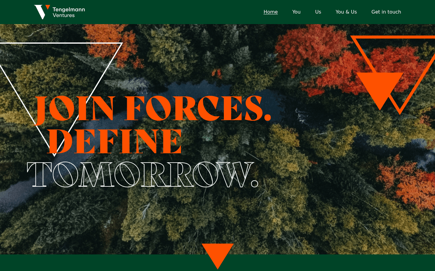 Startseite von Tengelmann Ventures mit dem Hero-Visual 'Join Forces. Define Tomorrow.' und Portfolio-Testimonials