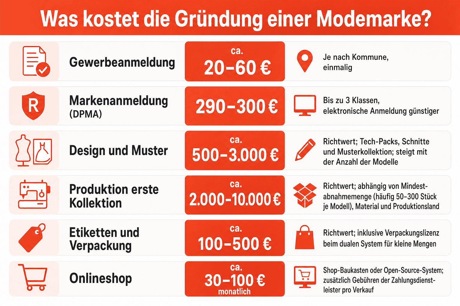 Infografik: Was kostet die Gründung einer Modemarke? Kostenaufstellung Kostenposition: Gewerbeanmeldung | Größenordnung: ca. 20–60 €...