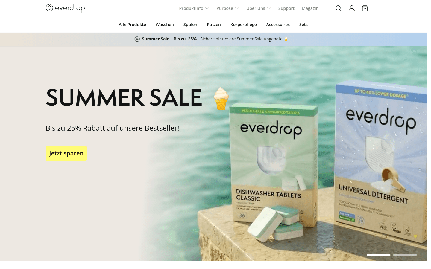 Startseite von everdrop.de mit Produktübersicht für nachhaltige Reinigungsmittel