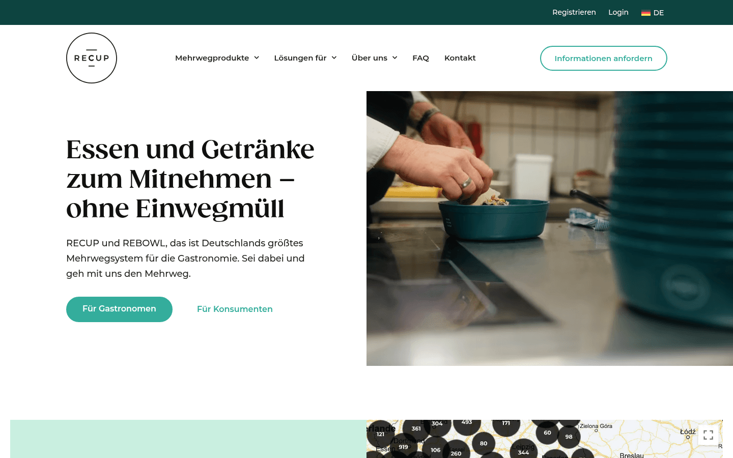 Startseite von RECUP mit Markenclaim zum größten Mehrwegsystem für die Gastronomie