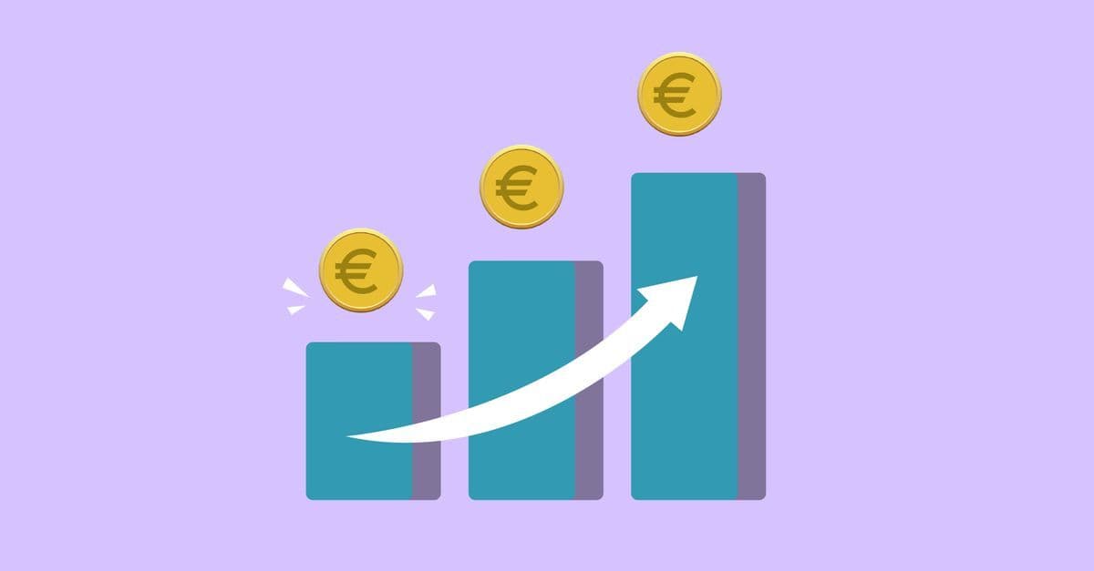 Vector illustration of income growth chart with arrow and euro coins against purple background