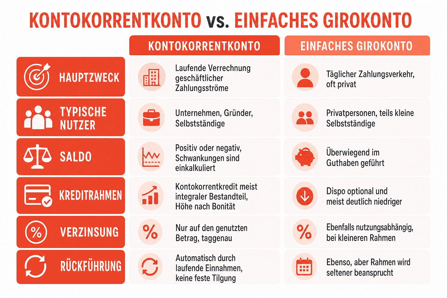 Infografik: Funktionsweise des Kontokorrentkontos – Einzahlungen und Auszahlungen werden laufend in Soll und Haben verrechnet; bei Überziehung greift der eingeräumte Kreditrahmen (Dispo) bis zum vereinbarten Limit