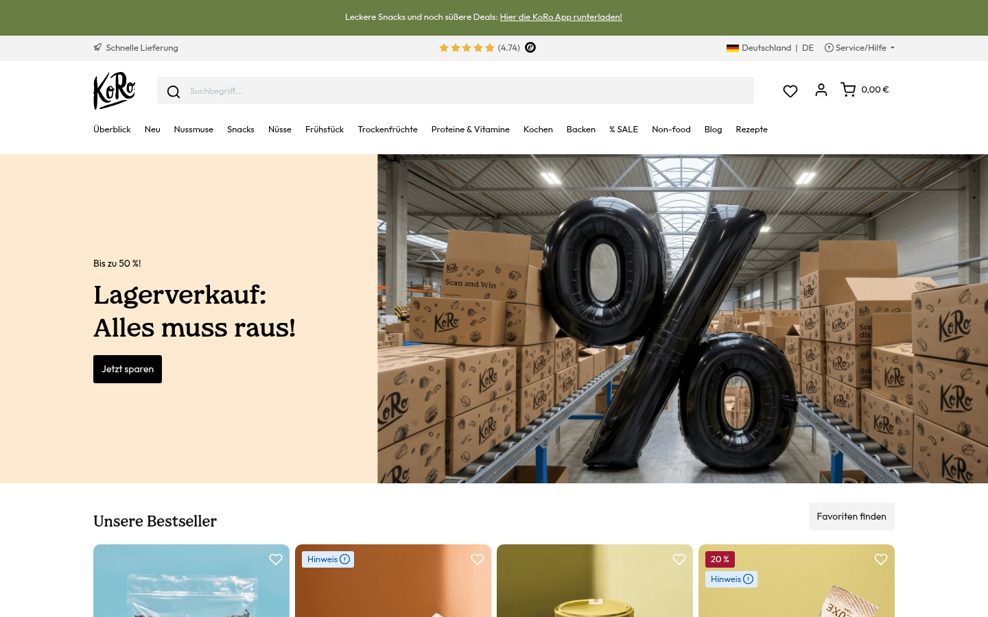 Startseite des KoRo-Onlineshops korodrogerie.de mit Sortimentsübersicht