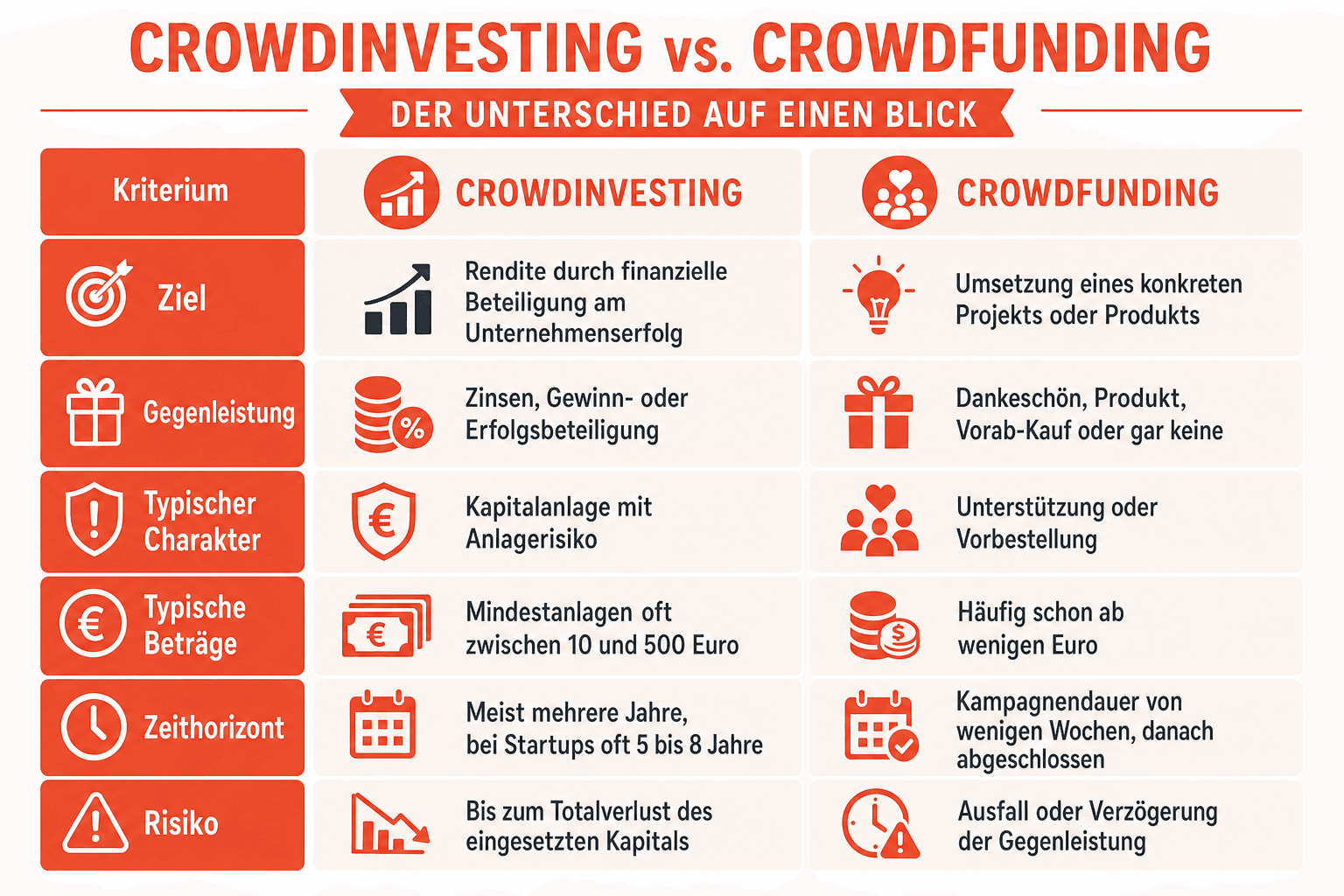 Infografik: So funktioniert Crowdinvesting über das Nachrangdarlehen – Geldfluss: Anleger zahlen über die Crowdinvesting-Plattform an das Unternehmen; bei planmäßigem Verlauf fließt die Rückzahlung samt Zinsen zurück an die Anleger. Rechenbeispiel: 10.000 Euro Nachrangdarlehen zu 7 Prozent pro Jahr, 12 Monate Laufzeit, endfällige Tilgung – Rückzahlung: 10.700 Euro.