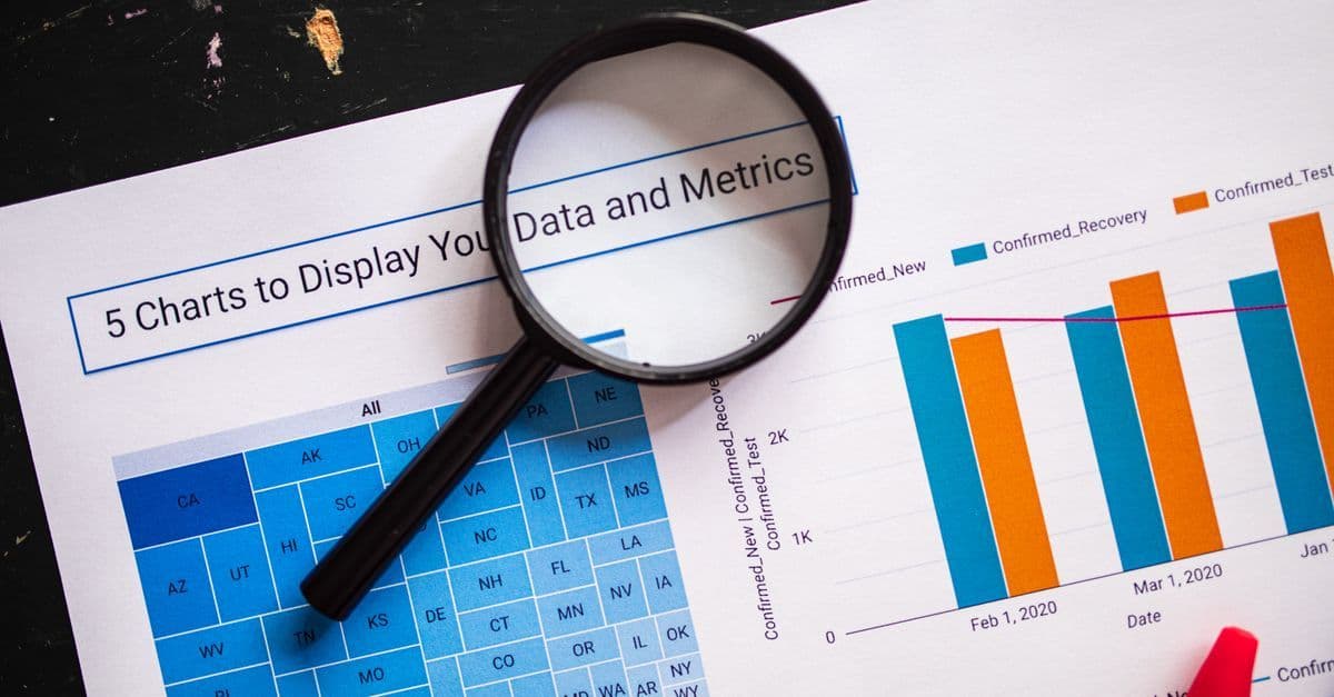 Close-up of business charts with magnifying glass highlighting data insights.