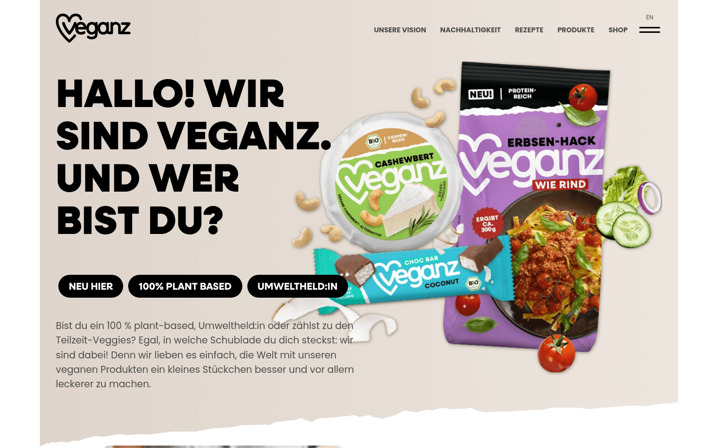 Startseite von Veganz mit der Markenvision 'Gut für dich, besser für alle'