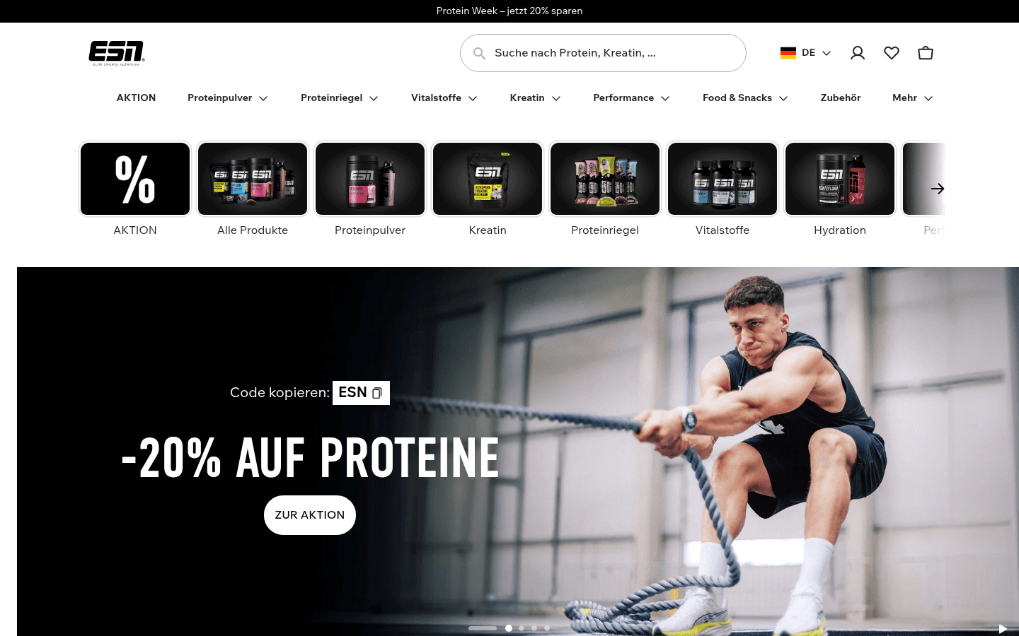 Startseite der offiziellen ESN-Website mit Markenauftritt und Produktwelt von Elite Sports Nutrition