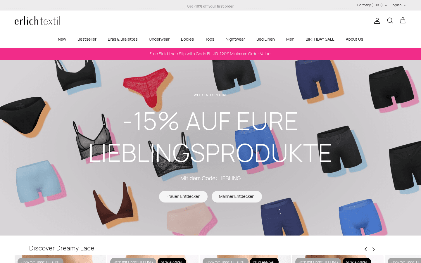 Startseite der offiziellen Website von erlich textil mit Produktkategorien für nachhaltige Unterwäsche