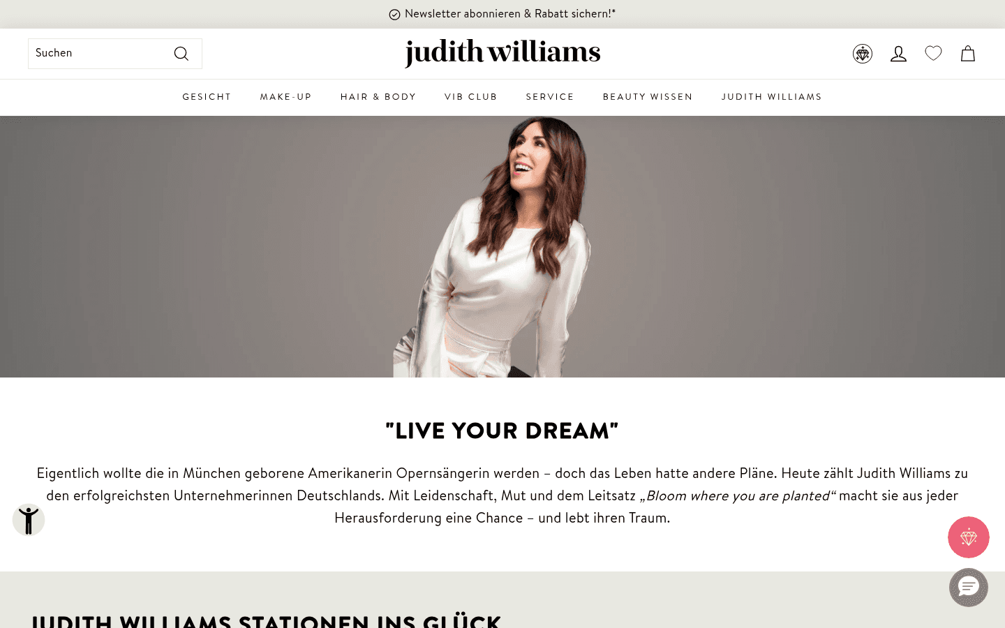 Offizielle Ueber-uns-Seite von Judith Williams mit Portraet und Karriere-Timeline