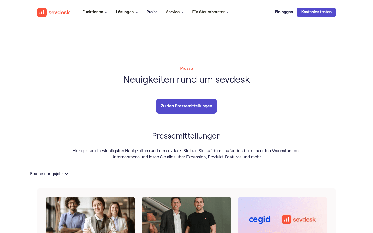 Offizieller Pressebereich der sevdesk-Website mit aktuellen Pressemitteilungen