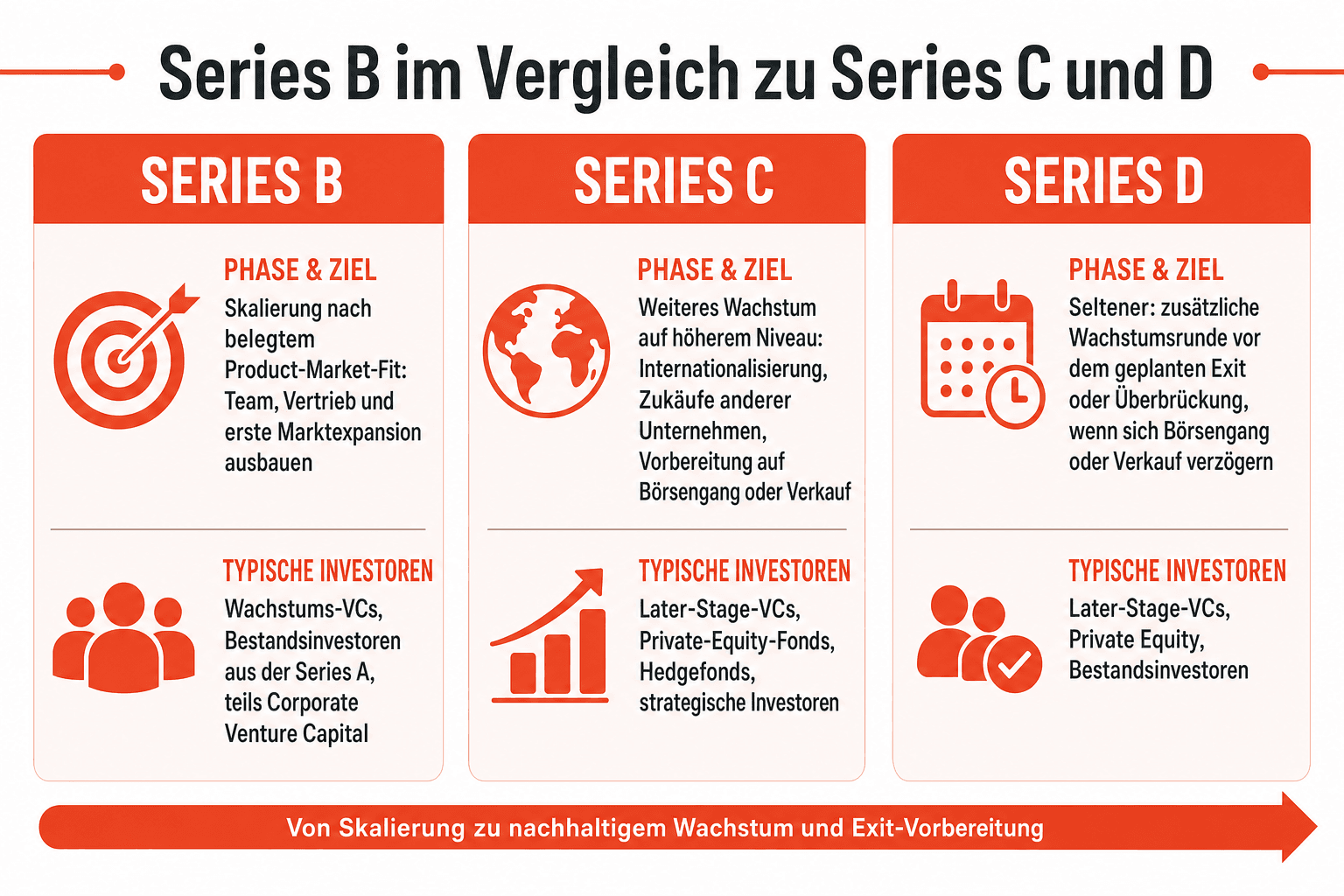 Infografik: Series B im Vergleich zu Series C und D Runde: Series B | Phase und Ziel: Skalierung nach belegtem Product-Market-Fit: T...